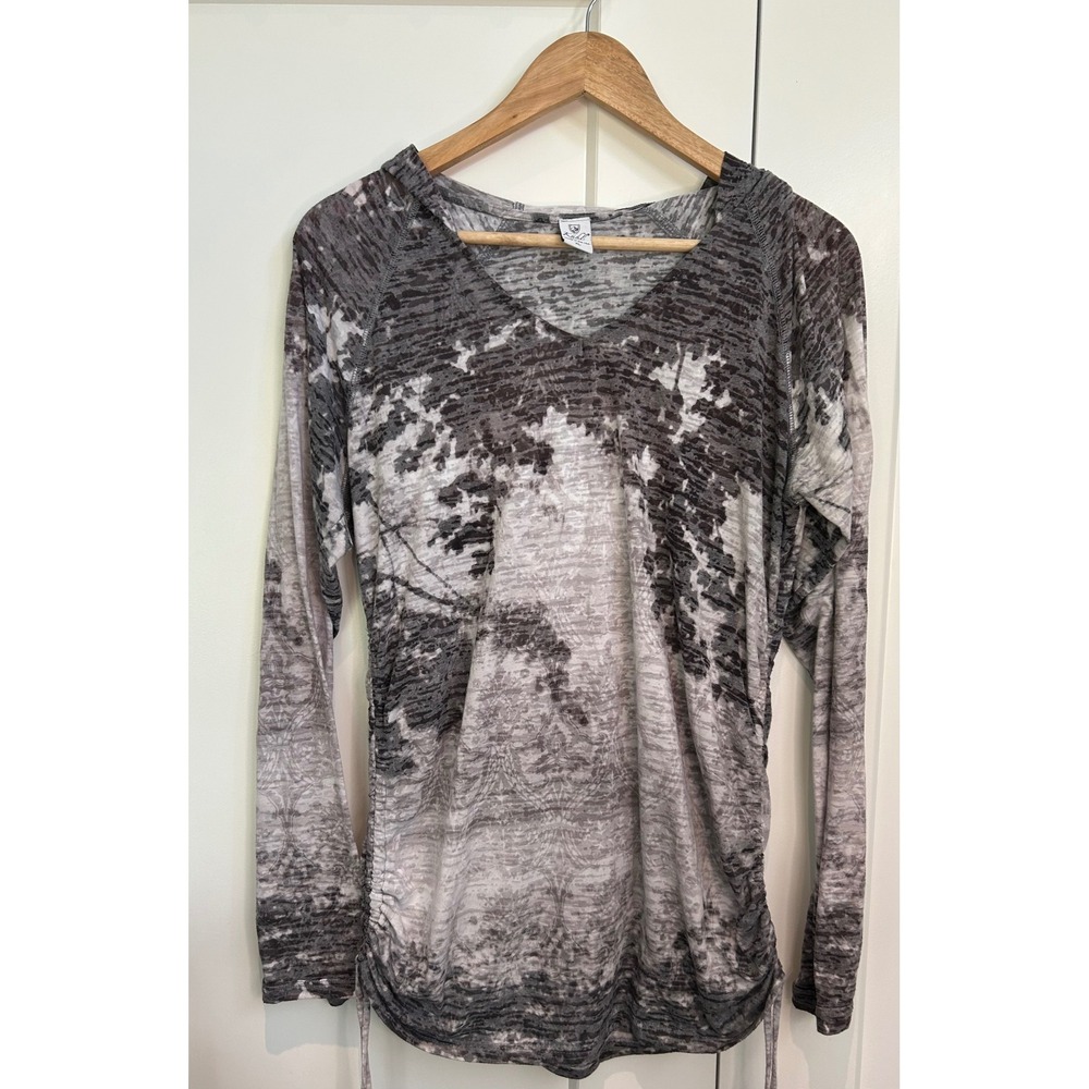 Kuhl Womens XL Gray Burnout Hoodie V-Neck Cinched Side Thumbhole Lightweight Top